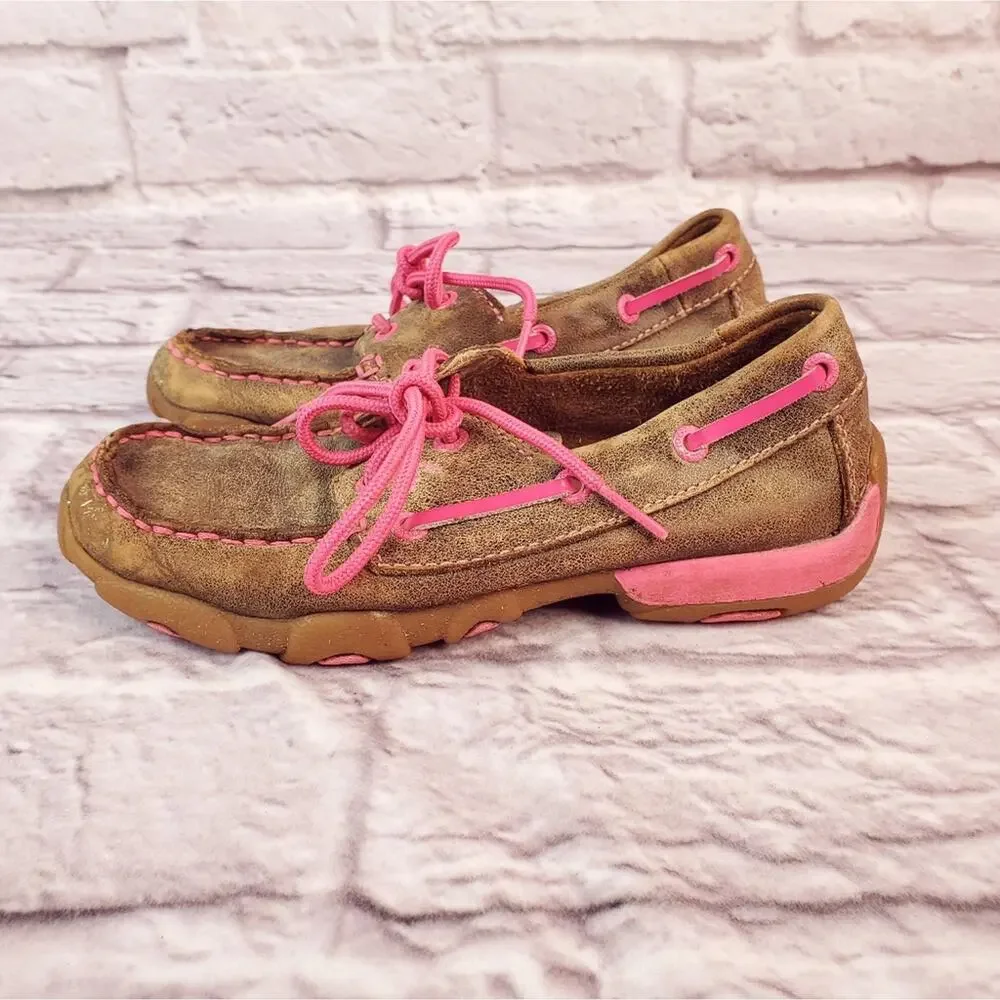 Youth Twisted boots driving bomber moc pink leather shoes size 1 (3t)